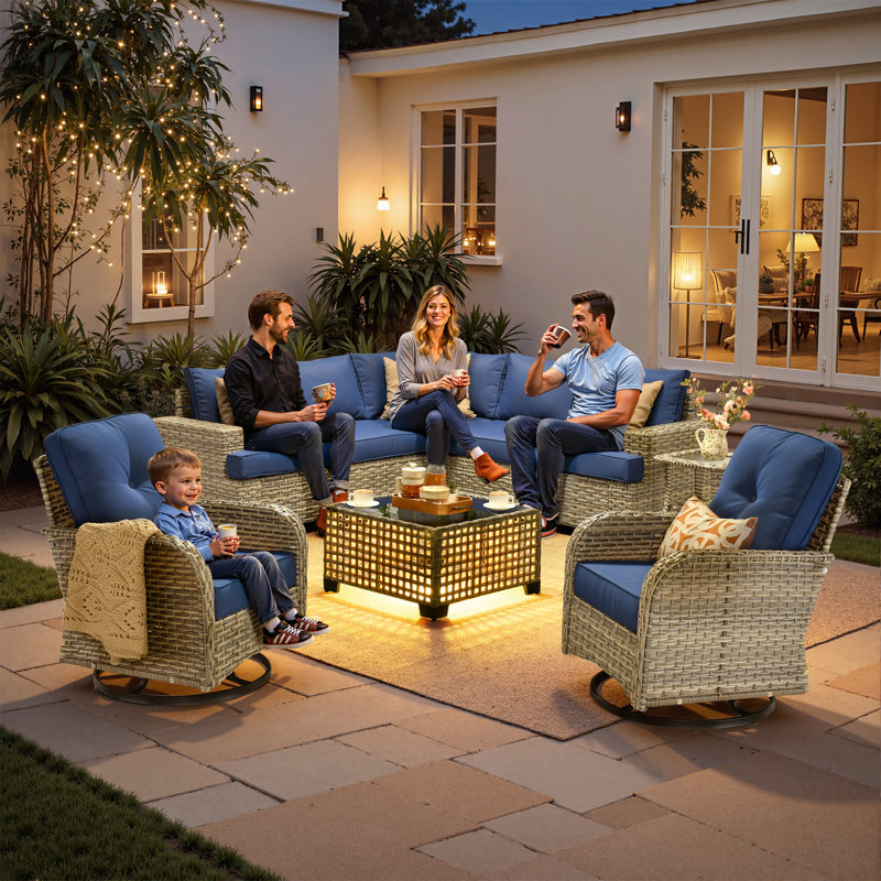Tommy Outdoor Wicker 7 Person Seating Group With Cushions, Navy, No
