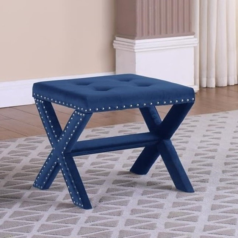 Banc d'appoint rembourré en velours avec garniture cloutée, siège capitonné pour le vestibule et le salon, Velours bleu