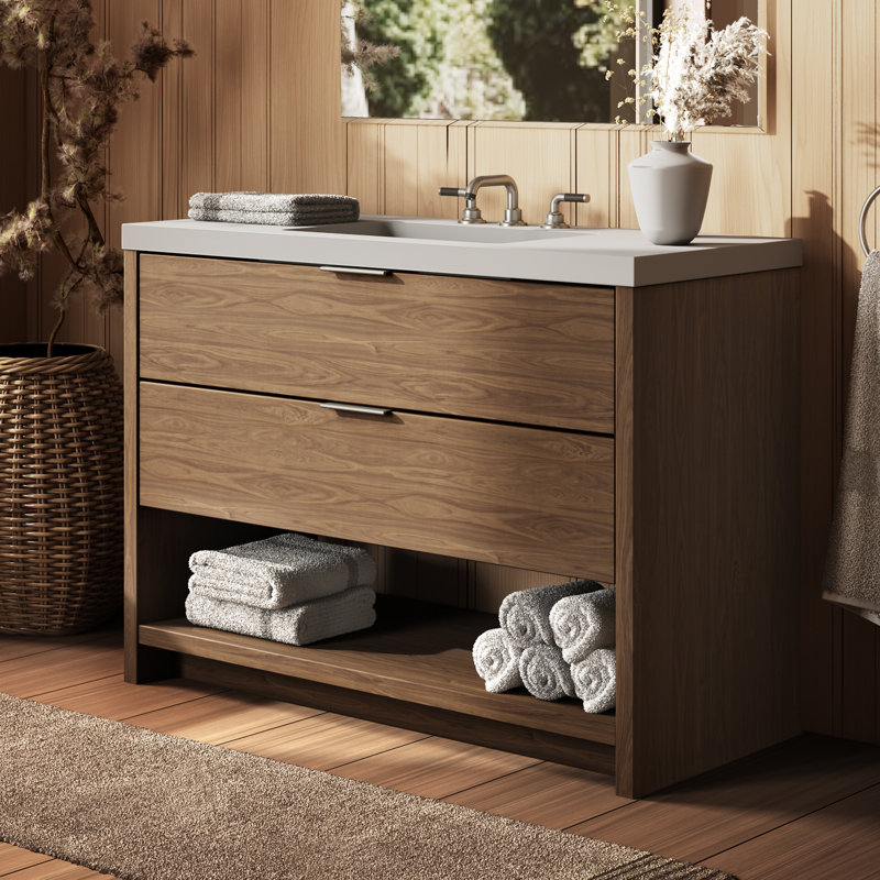 Vue 30" W Freestanding Single Bathroom Vanity, Biondo, Glossy White/8" Widespread, Satin Nickel