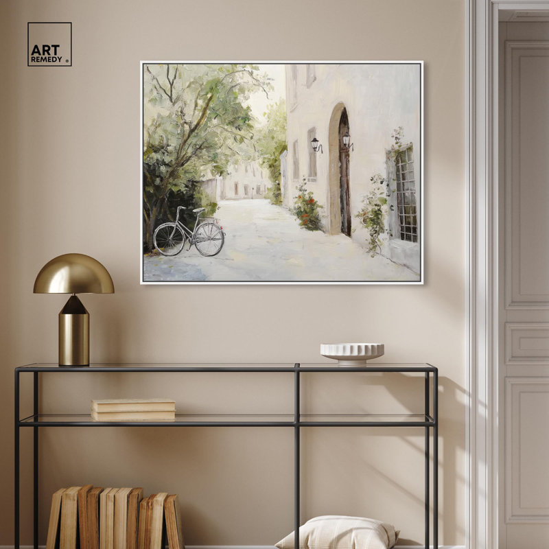 Art, paysage campagnard sur toile, coin pavé, H 31 po x l 37 po, Cadre flottant blanc