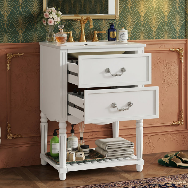 Meuble-lavabo noir 24 po avec lavabo en céramique, 2 tiroirs et 1 tablette ouverte, White