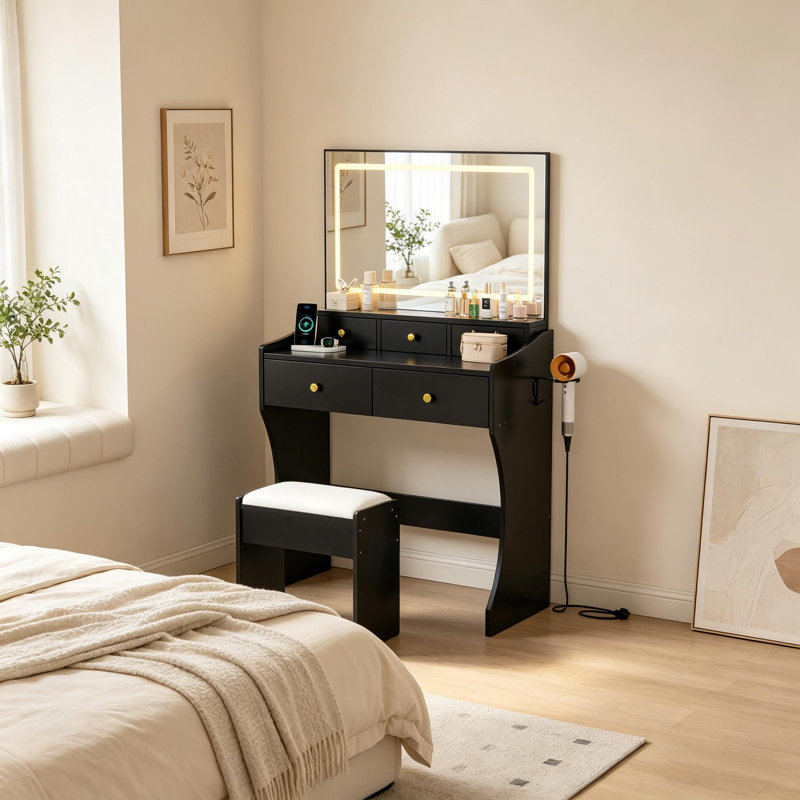 31.5 in Makeup Vanity Table Set with Storage Drawers & Stool for Bedroom, Black