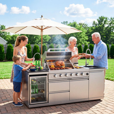 85" W X 23" D X 35" H 3-Piece Modular Outdoor Kitchen Set With 4-Burner Gas Grill, Side Burner, Sink, Fridge, Rotisserie, Granite Countertop