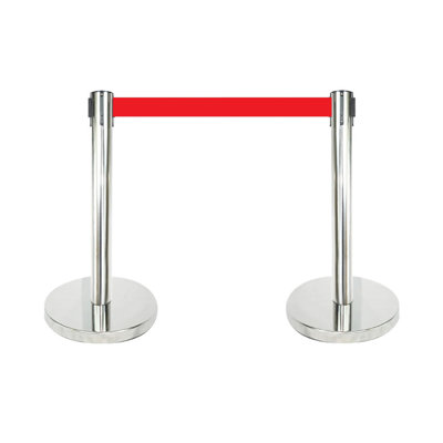 24" Short Retractable Belt Queue Safety Stanchion Barrier (Mirror Post/120" Red Belt)