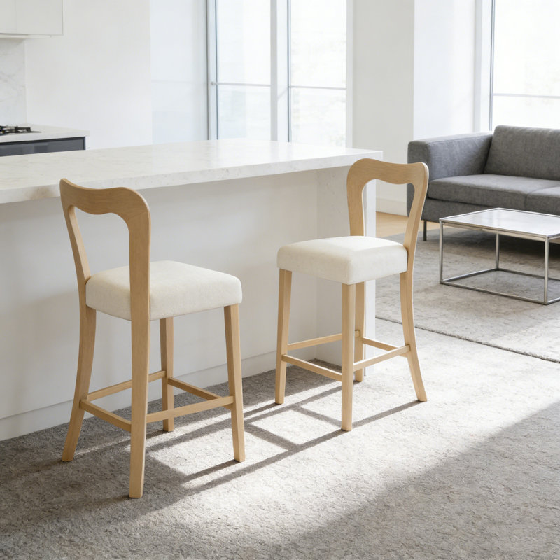 Ensemble de 2 tabourets de bar à cadre en bois avec repose-pieds, Beige, Naturel