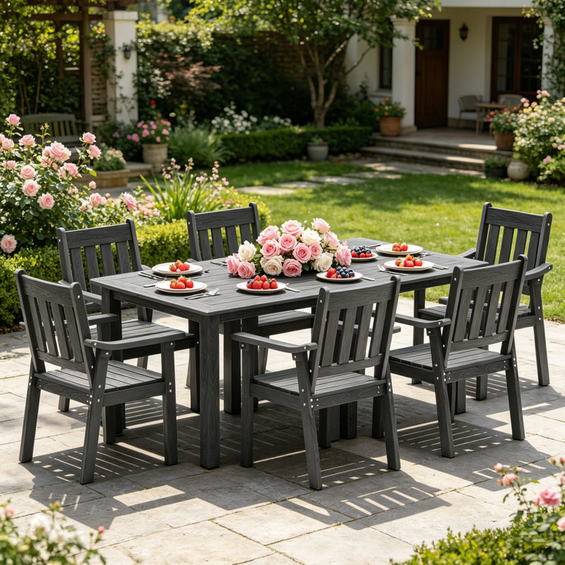 All Weather Outdoor Table and Chairs 8 Pieces Patio Dining Sets Outside Furniture With Aluminum Frame HIPS Modern Patio Dining Set for 6 Person for Outside Backyard/Porch/Deck, 2-Tables 6-Chairs, Dark Grey