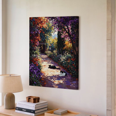 Impression sur toile, impression de jardin, chemin de jardin impressionniste, chat et floraison, sentier floral, prêt à être accroché à la galerie