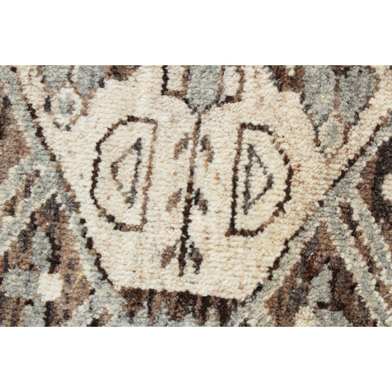 Tapis gris et brun en laine noué à la main - motif de médaillon géométrique tribal avec bordure audacieuse