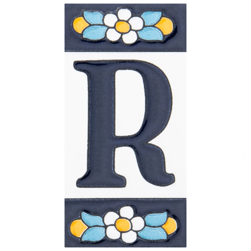 Sevillano 2.13" x 4.38" Ceramic Floral Address Letter Wall Tile in White/Blue