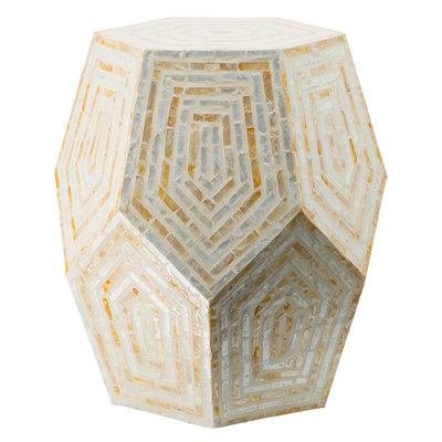 Cream And Yellow Hexagonal Capes Stool 18X18x21 Inches, Inlay Traits, Diamond Shaped Decoratives, To Be Used As Or Side Table Measuring Features, Patterns, Utilized