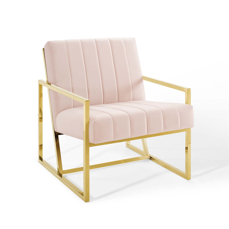 Elegant Geometric Pink Velvet Accent Chair with Gold Metal Frame
