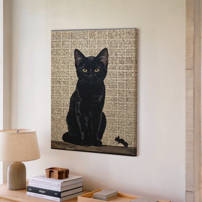 Canvas Wall Art Velvet Black Cat And Mouse Minimalist Beige Predator Prey Art Stillness Ready To Hang Gallery Wrapped Home Decor Decor