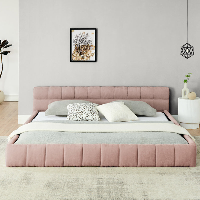 Très grand lit tapissier épais en chenille - plateforme moderne avec tête de lit rose sans sommier tapissier (tissu élégant et 88,5 po x 85,5 po x 24 po)