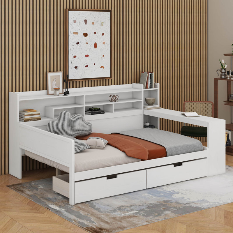 Wooden Full Size Daybed With Storage Shelves, Multi-Functional Bed With 2 Storage Drawers And Study Desk, Antique White