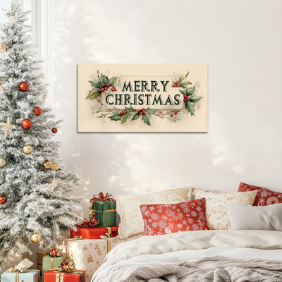 Art mural sur toile «Merry Christmas», peinture rétro de baies de houx, affiches de vacances, reproduction d'art encadrée sur toile tendue pour décorations de Noël à la ferme, prête à être suspendue, 16 po x 32 po