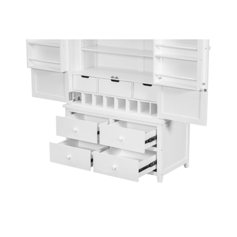 Grande armoire de rangement autoportante en bois avec 8 portes, 3 tablettes réglables, 7 tiroirs et 8 supports à vin, Blanc
