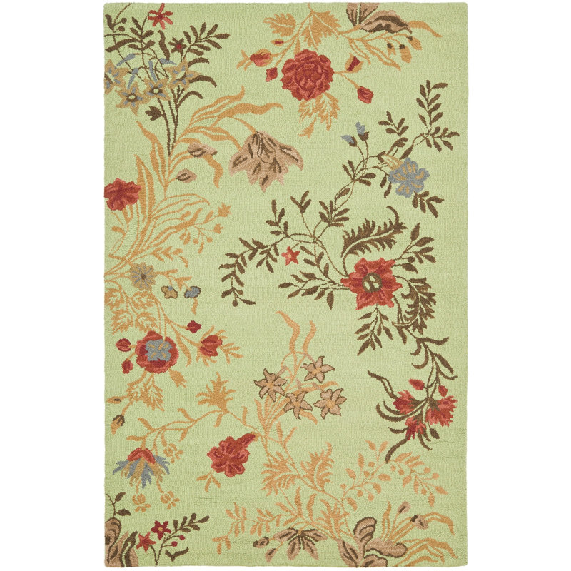 Emrick Hand Hooked Wool/Cotton/Latex Floral Rug in Green, Rectangle 2' x 3'