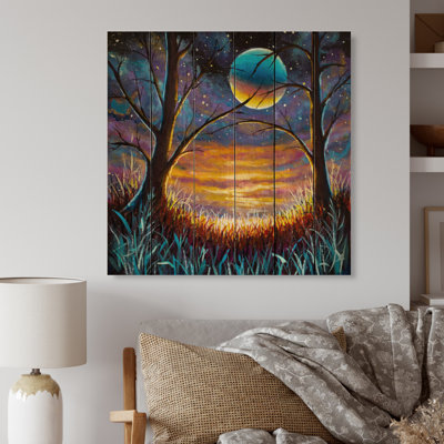 Mystical Full Moon in Fantasy Landscape - Peinture sur bois sans cadre