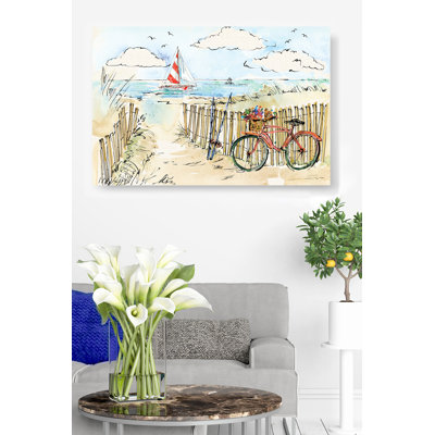 Coastal Sailboat, Bike, Beach Path, Beach Grass, Coastal, Cottage, Tan, Blue, Cyan, Teal, Aqua, Red, Clouds, Sailing, Boat, Watercolor