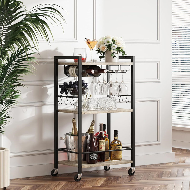 Bar Cart, Home Bar Serving Cart, Drink Cart with 3-Tier Mirrored Shelf, Mobile Kitchen Shelf with Wine Rack, Rolling Beverage Cart