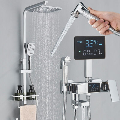 Chrome Exposed Shower Mixer Twin Head Largre Bar Set Bathroom Square Valve Taps