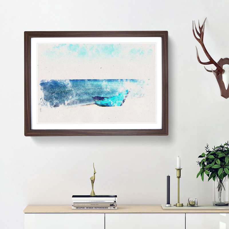 Blue Boat upon the Beach - Picture Frame Graphic Art Print, Walnut Framed, 40cm H x 60cm W x 2cm D