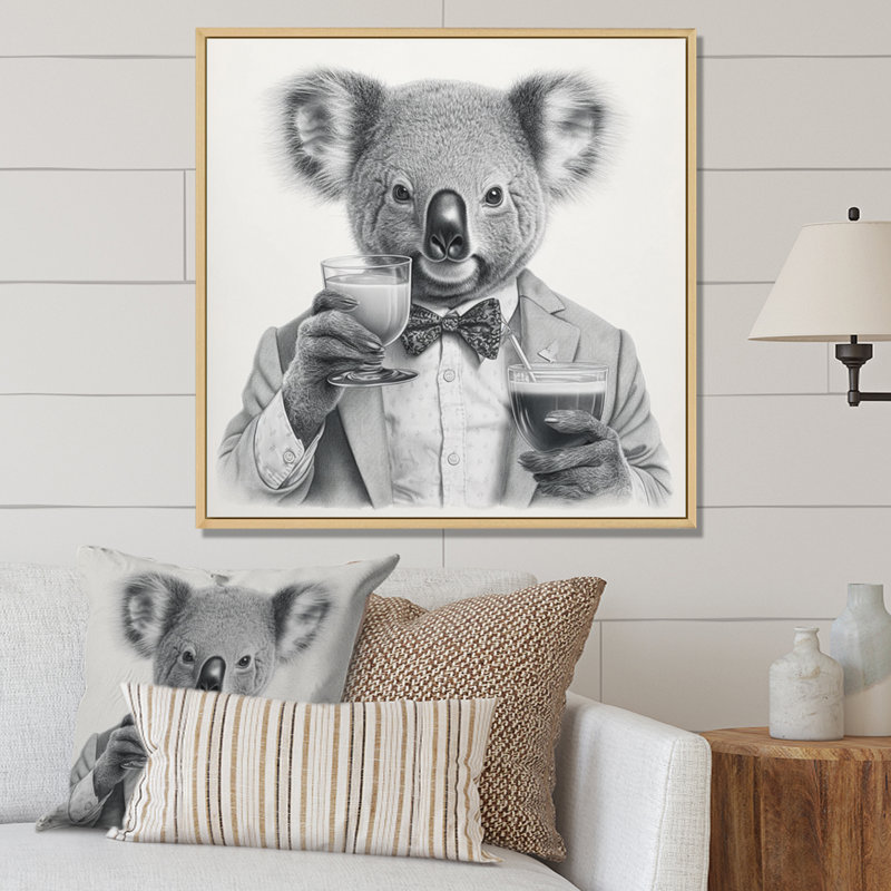 Koala ayant une boisson sur toile, H 24 po x l 24 po x P 1 po, Cadre naturel flottant