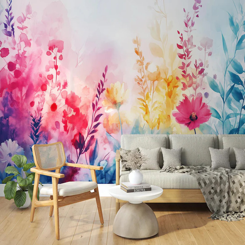 Aquarelle jardin de fleurs sauvages en fleurs, L 108 po x l 96 po