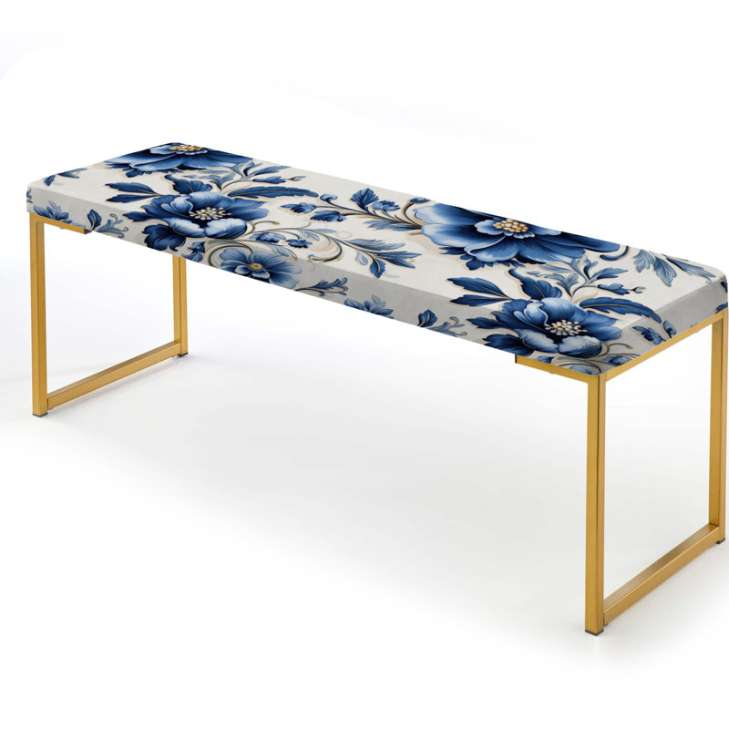 Banc rembourré damassé doré, Motif victorien de mosaïques cobalt