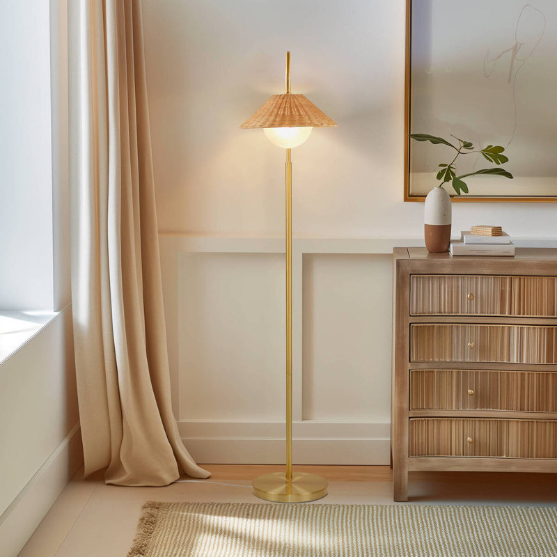 66" Rattan Weave Shade Floor Lamp With Gold Iron Frame, Frosted Globe, 4W LED Bulb Included, Clear Cord, UL Approved, Modern Lighting For Living Room & Bedroom