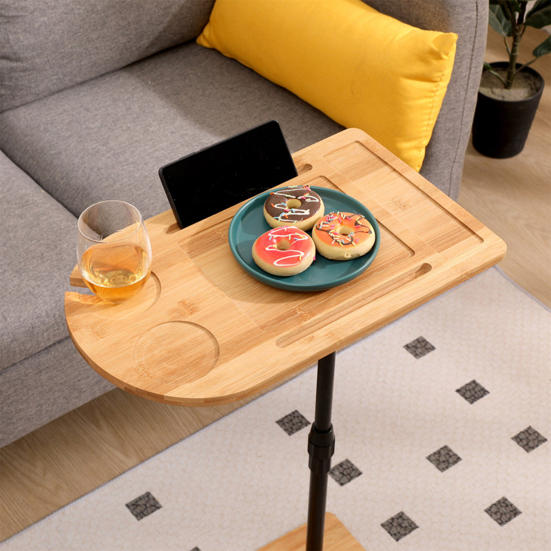 Tray Table Bamboo Height Adjustable Side Table For Sofa C-Shaped Oval End Tables With Slots