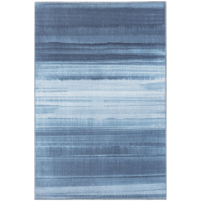 Tapis en polyester / coton abstrait bleu lavable à la machine, Rectangle 2 pi 8 po x 4 pi