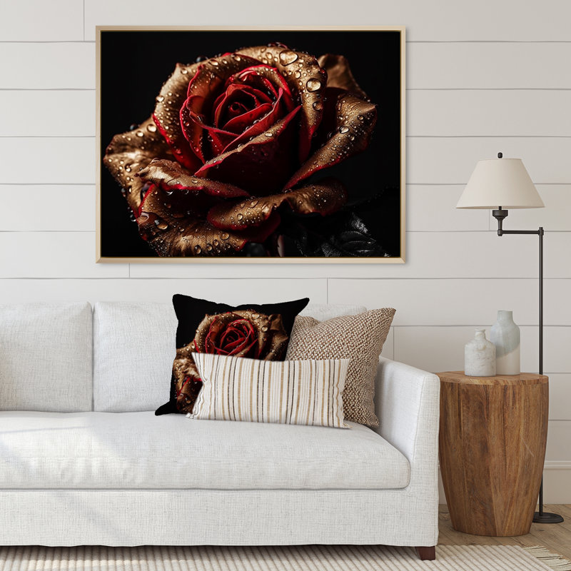 Morning Dew On Exquiste Red Rose - Art mural rose, Cadre naturel flottant, H 24 po x l 32 po x P 1 po