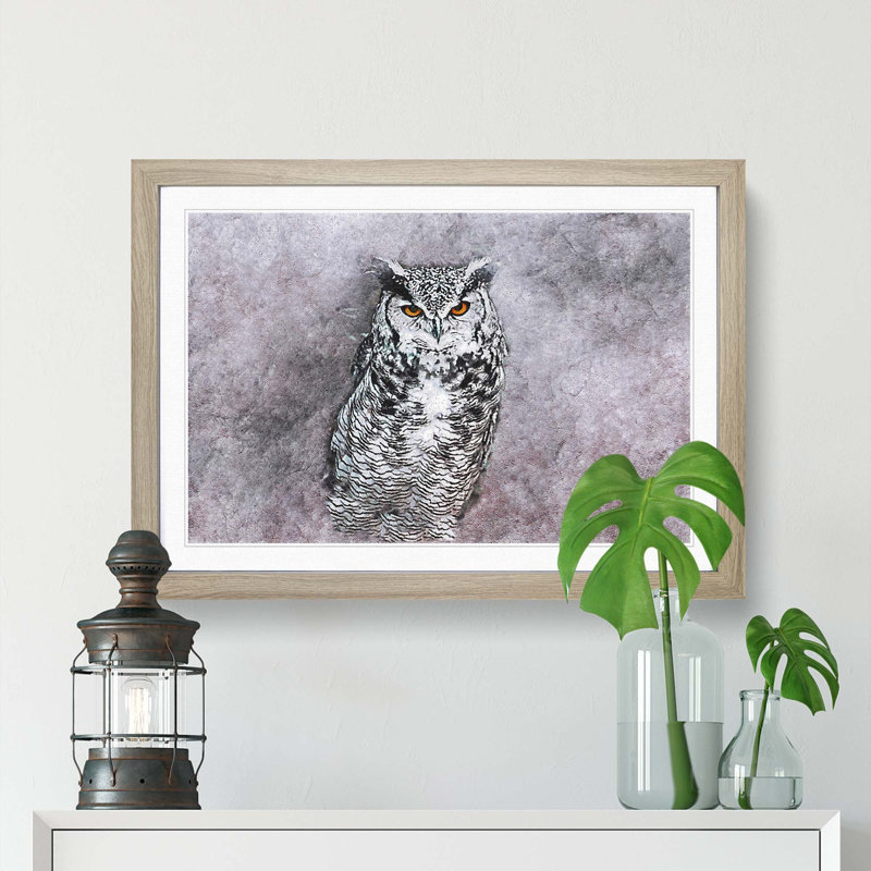 Horned Owl in Pink & Lilac in Abstract - Picture Frame Painting Print on MDF, Oak Framed, 27cm H x 36cm W x 2cm D