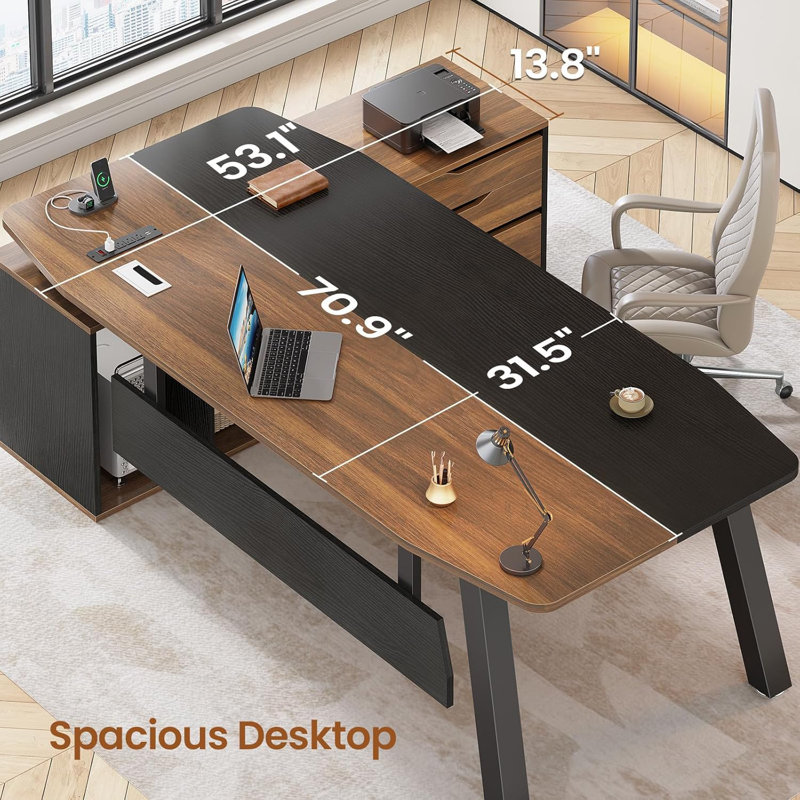 71" Executive Desk With File Cabinet, Walnut