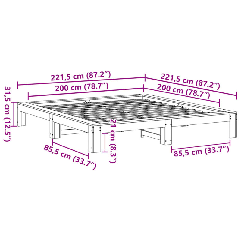 Solid Wood Bed, 200 x 200cm, Wax Brown