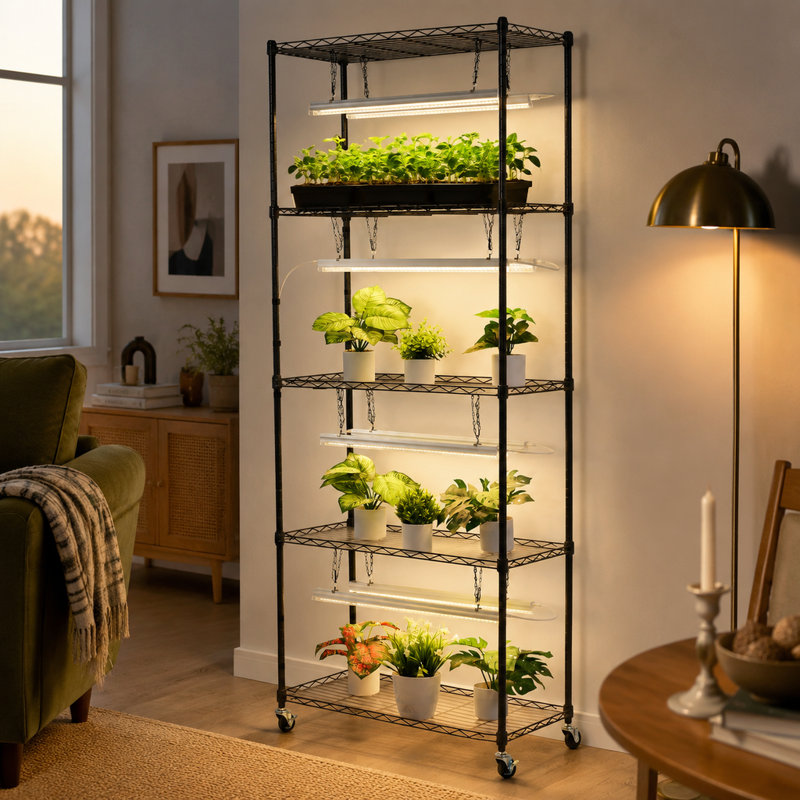 Étagère à plantes à 5 niveaux avec lampe de croissance, hauteur 179,8 cm, roulettes et minuterie 4/9/14 h