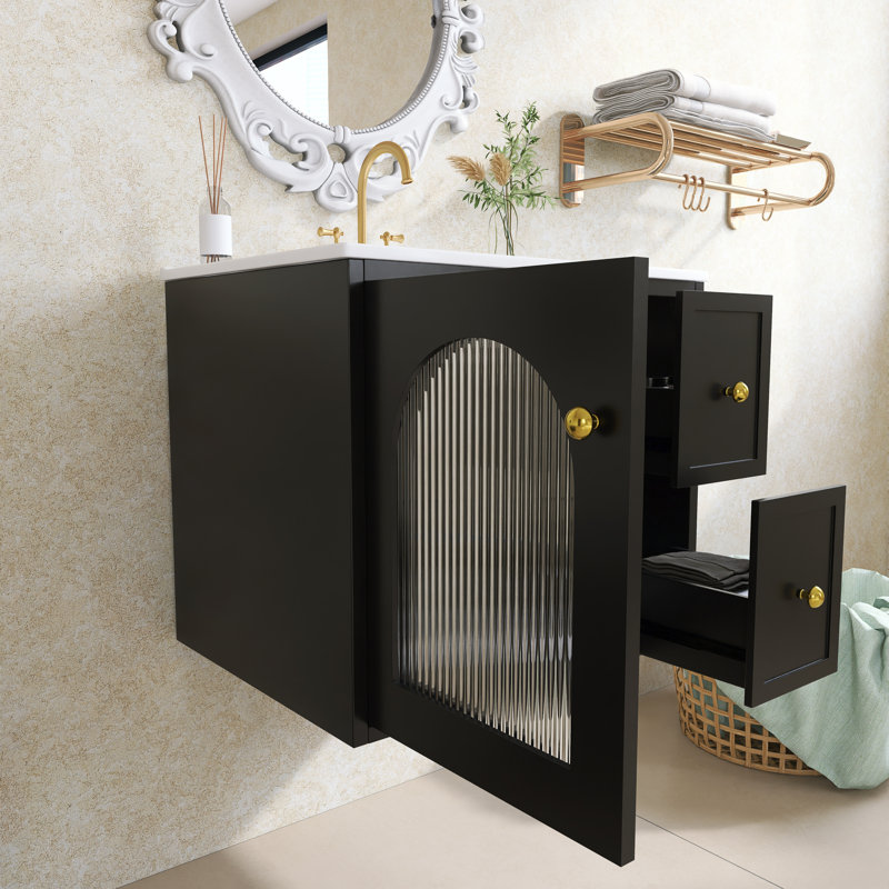 Meuble-lavabo mural 24 po avec lavabo en céramique, 2 tiroirs et 1 porte, Noir