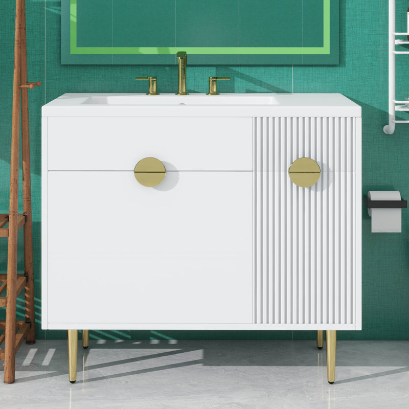 Meuble-lavabo contemporain de 36 pouces avec lavabo, porte à fermeture en douceur et façade rabattable, comptoir de lavabo en résine