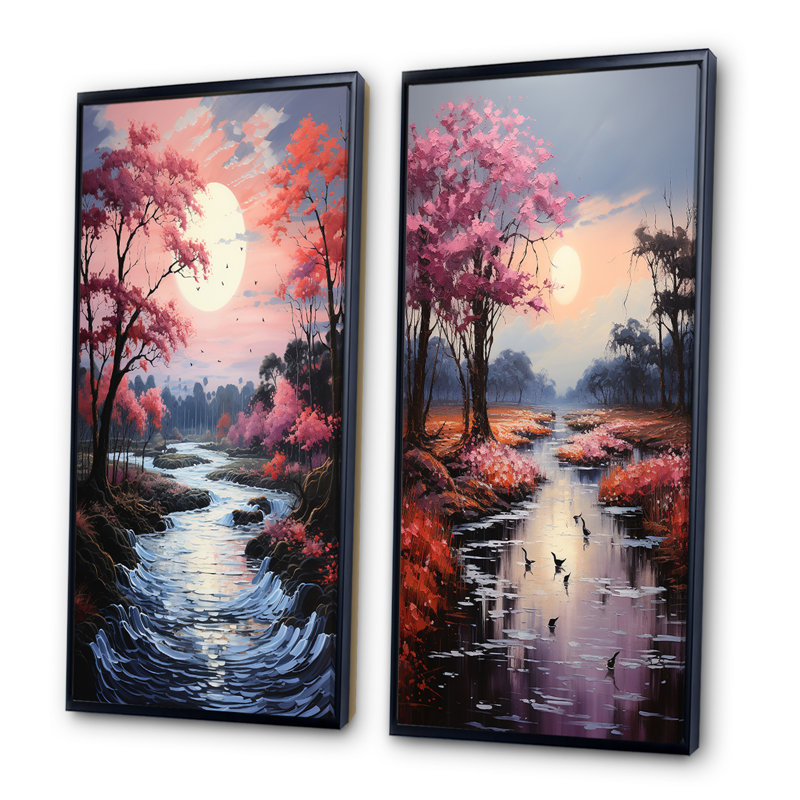 «Pink River Silvery Waters», 2 pièces en rose, Cadre noir, H 40 po x l 40 po