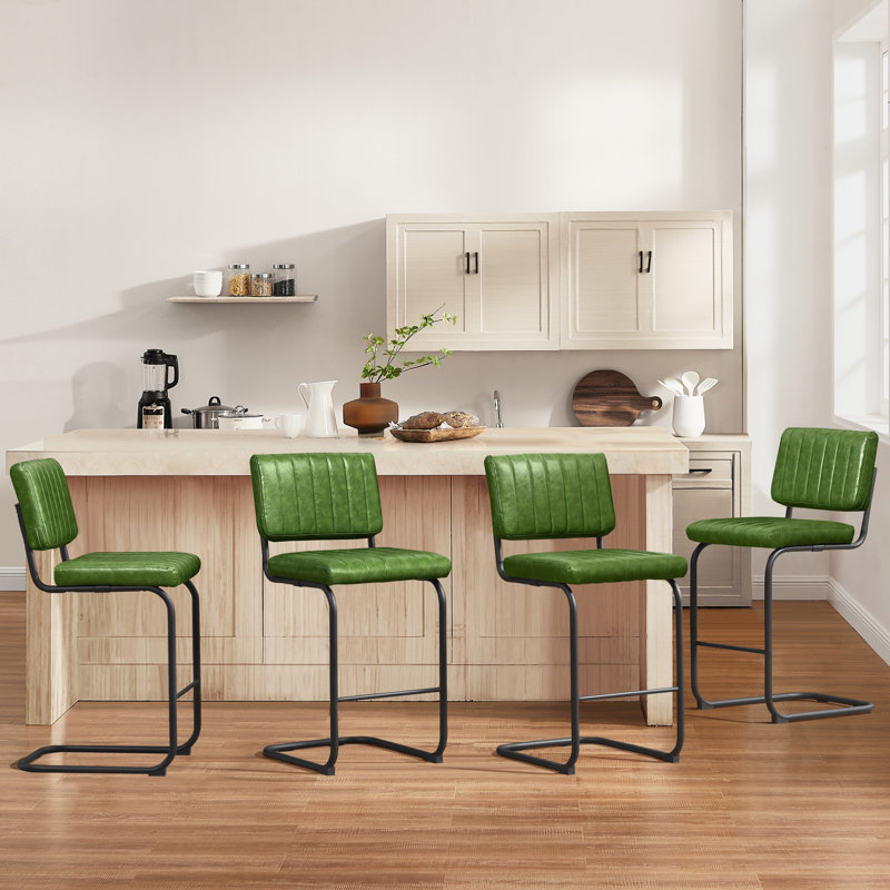 Low Back Tufted Faux Leather Upholstered Counter Stool with Metal Sled Frame, Olive Green