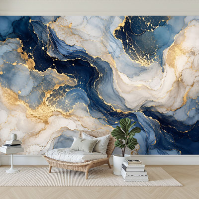 Wall Mural Peel and Stick Wallpaper Abstract Blue Gold Marble Effect Fluid Art Luxurious Ink Waves Self-Adhesive Removable Contact Paper Wall Decor for Living Room Bedroom 100"H x 144"W