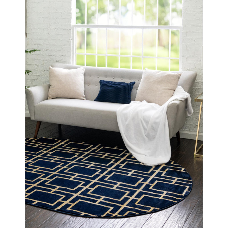 Tapis bleu contemporain Contemporary Glitzy, Ovale 7 pi 10 po x 10 pi