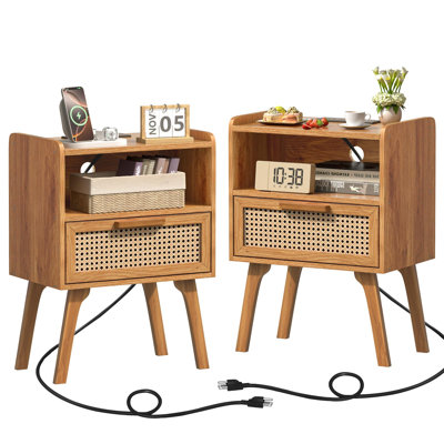 Ensemble de 2 tables de chevet en rotin avec station de charge, table de chevet décorative avec tiroir et pieds en bois massif