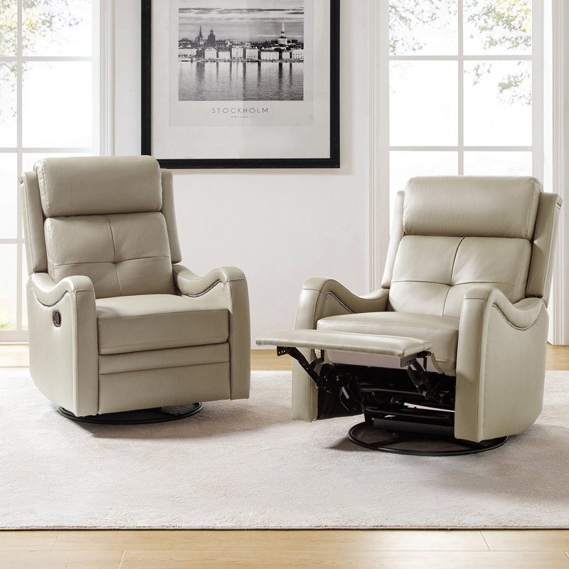 Amaty 28.3" Wide Genuine Leather Swivel Rocker Manual Standard Recliner Set of 2, Beige