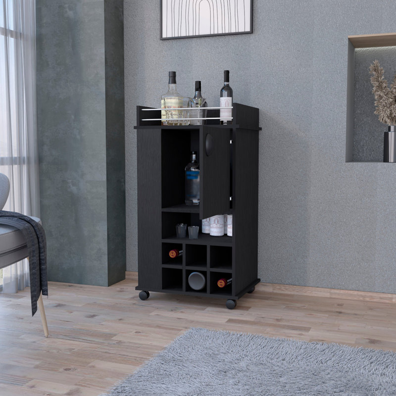 1-Door Bar Cart with Wine Rack and Casters Black, Black