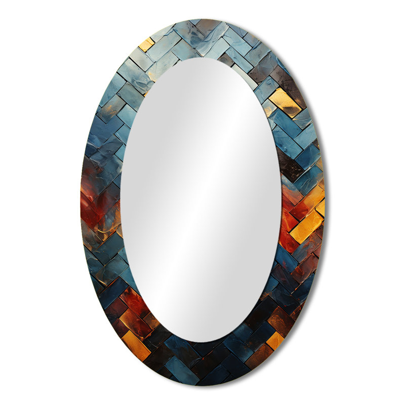 Carreaux cubiques abstraits jaunes et bleus - décor de miroir mural ovale jaune, H 36 po x l 24 po