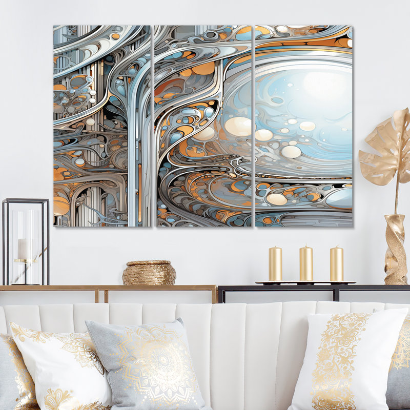 «Tender Light Blue Floral Whirling Vision on Canvas», reproduction de 3 pièces, H 28 po x l 36 po x P 1 po