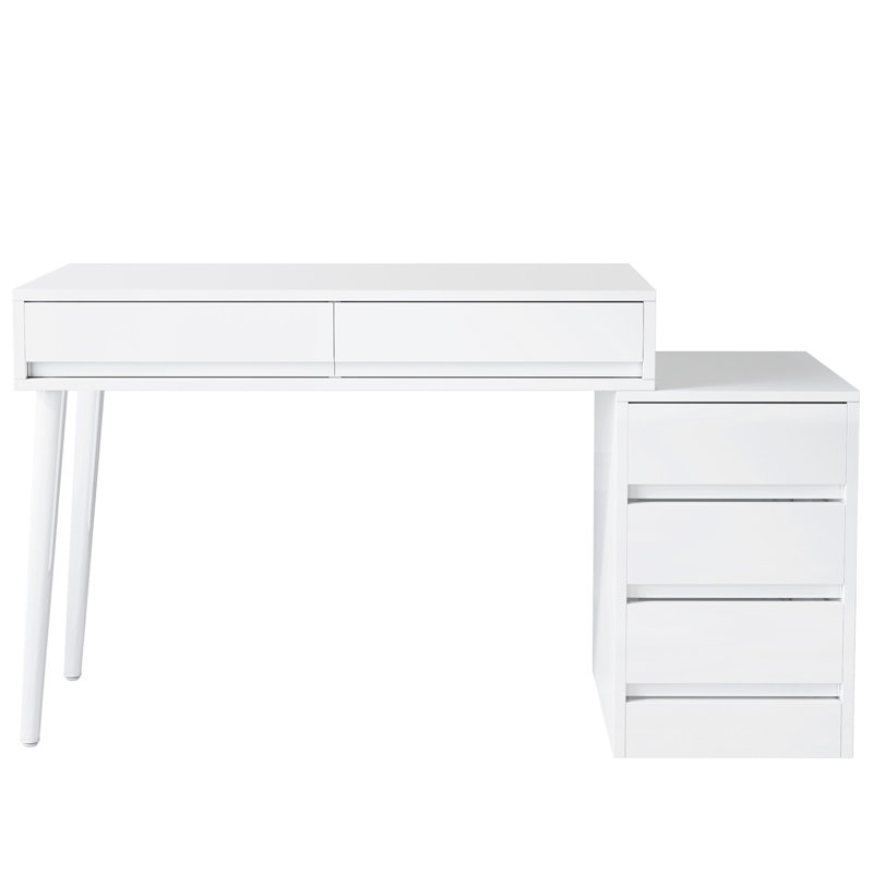 Bureau 39,37 po blanc brillant moderne avec 5 tiroirs et support pour imprimante (sans la chaise)