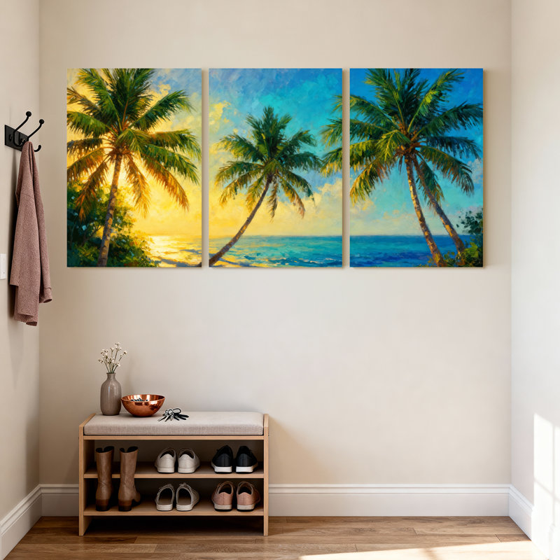 Palmiers, palmiers tropicaux, coucher de soleil, scène de plage, ensemble de 3 reproductions d'art sur toile
